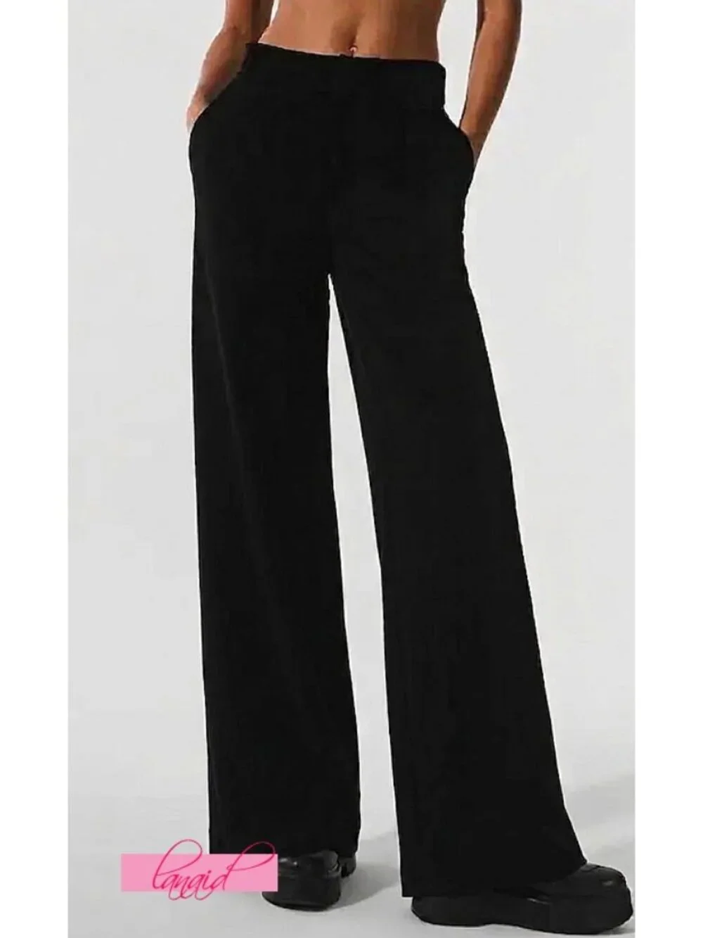 NEW Alo Micro Corduroy Dreamer Wide Leg Trousers Black High-Rise Waist Waisted M